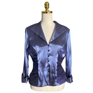 Vintage Y2K Xscape Joanna Chen Metallic Blue Cocktail Evening Formal Blouse 12